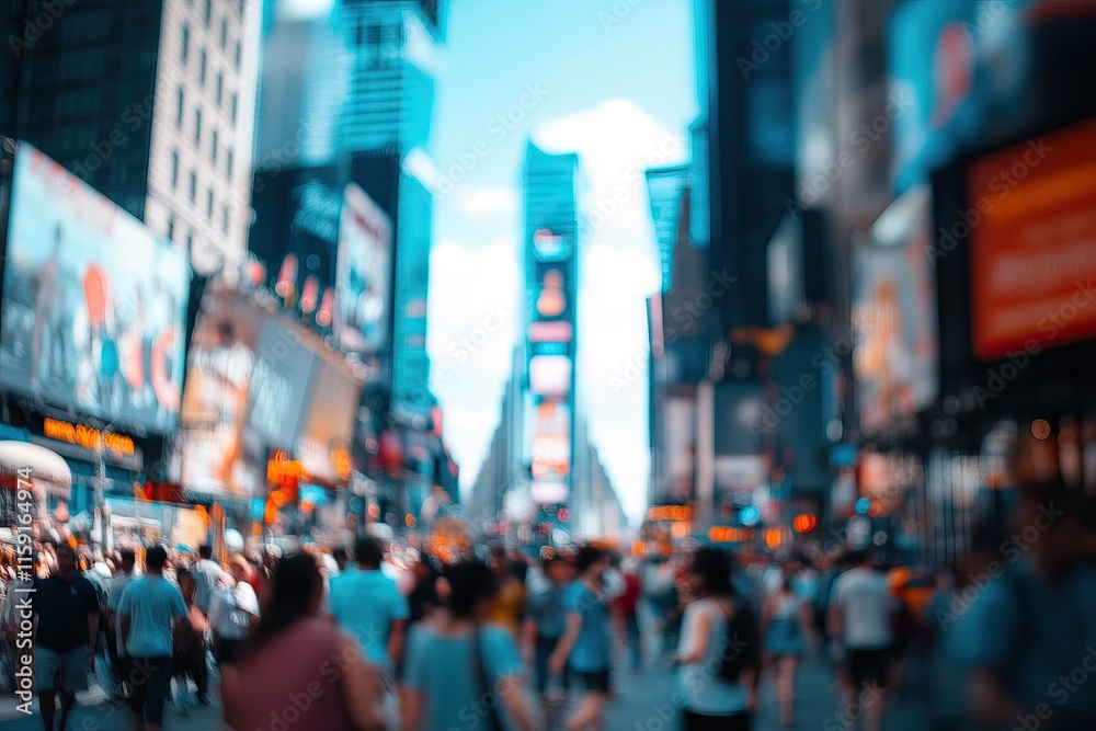 A busy city street with a blurred crowd walking under the sun. Background AI generated image A busy city street with a blurred crowd walking under the sun. Background AI generated image