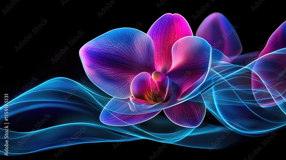 Fototapeta premium Orchid floral abstract background idea. Vibrant orchid flower with abstract blue waves on a dark background.
