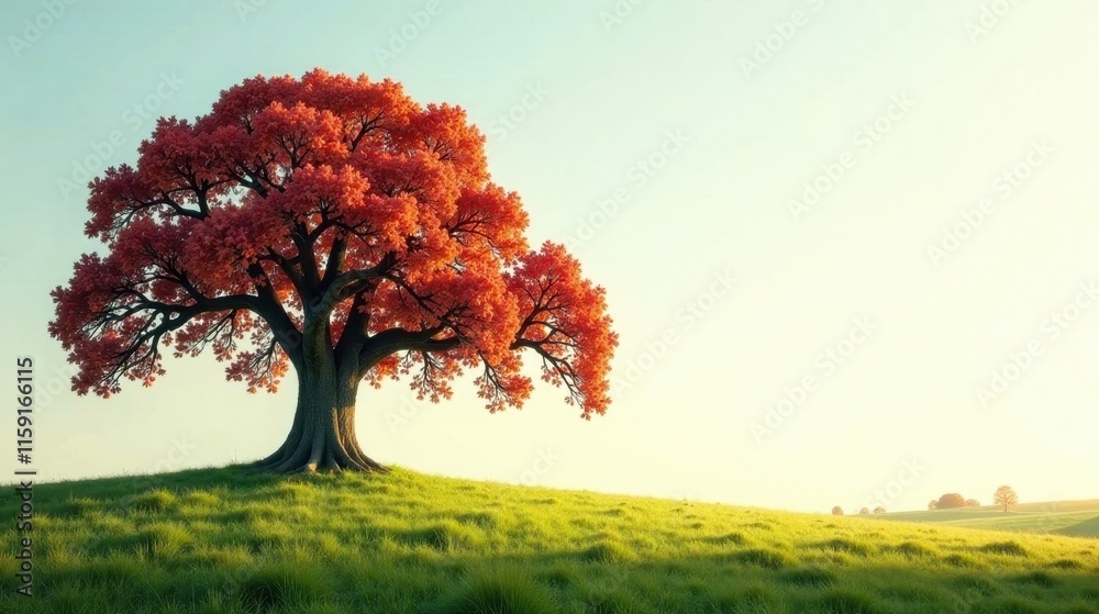 Serene autumnal landscape featuring a majestic, solitary tree with vibrant red foliage, gracefully positioned on a gently sloping green meadow bathed in the warm glow of sunrise Serene autumnal landscape featuring a majestic, solitary tree with vibrant red foliage, gracefully positioned on a gently sloping green meadow bathed in the warm glow of sunrise