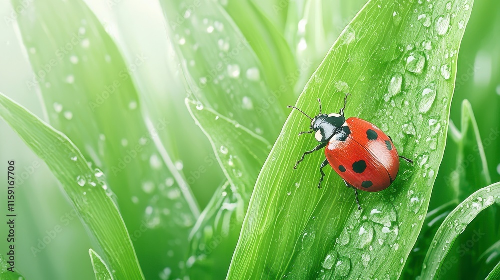 Fototapeta premium Close-Up of a Vibrant Ladybug on Fresh Green Leaf with Dew Drops Glimmering Brightly