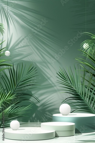 wooden product podium with green tropical leaves tree and green background