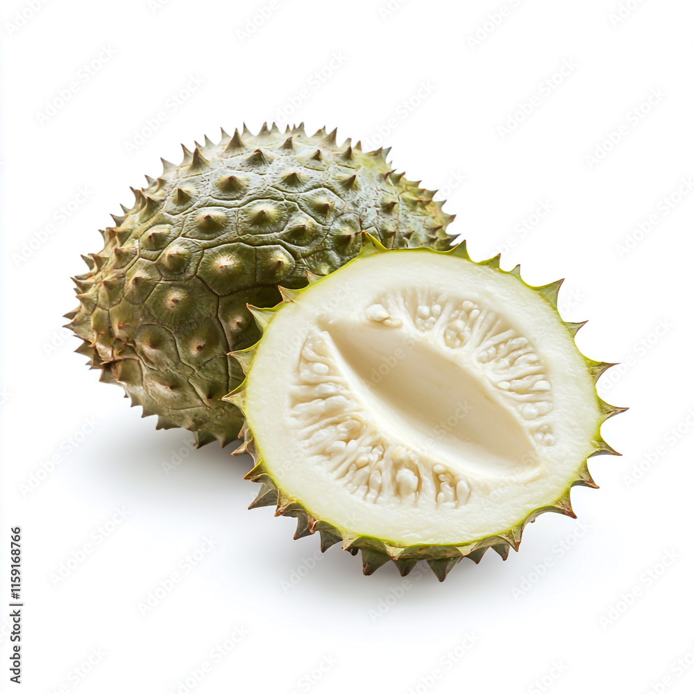 Whole and Halved Soursop Fruit isolated on white background. Whole and Halved Soursop Fruit isolated on white background.