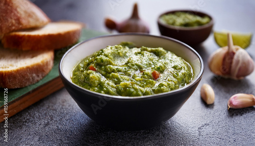 Bowl of delicious green salsa Verde sauce on dark table. Fresh and tasty semi-solid food.