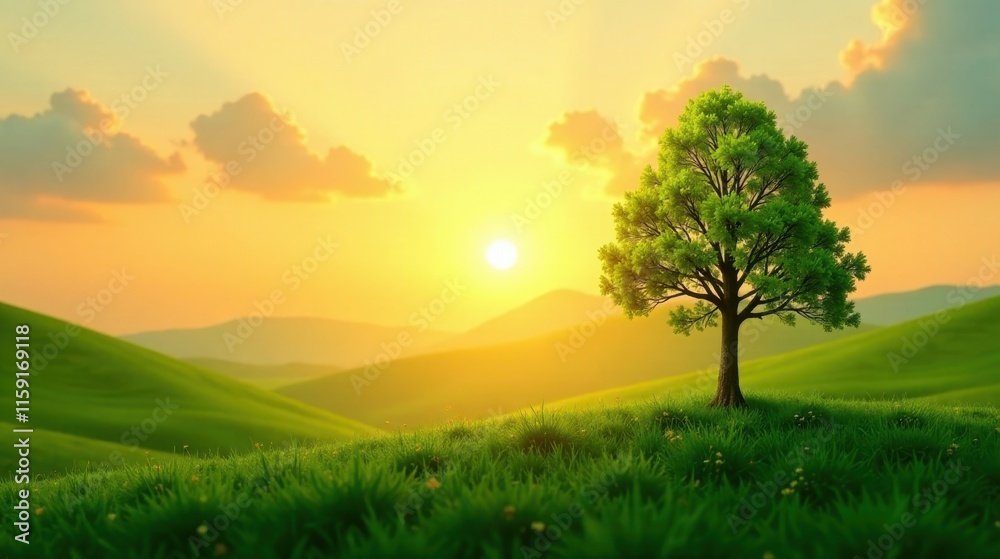 Serene Sunset Landscape A solitary tree stands majestically on a verdant hillside, bathed in the golden light of a setting sun, creating a breathtaking scene of tranquility and natural beauty. Serene Sunset Landscape A solitary tree stands majestically on a verdant hillside, bathed in the golden light of a setting sun, creating a breathtaking scene of tranquility and natural beauty.