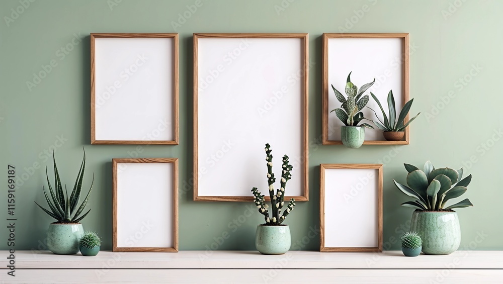 three wooden frame on white wall, frame mockup, 3d render three wooden frame on white wall, frame mockup, 3d render
