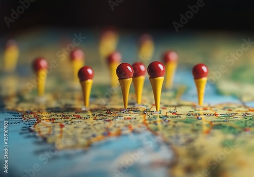 pins on a map, a travel concept with a depth-blurred background. The location pin is yellow and red. There are many location markers across the world, depicting European city decor on the map.