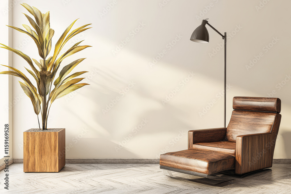 Modern lounge area with stylish armchair and decorative plant in a well-lit room Modern lounge area with stylish armchair and decorative plant in a well-lit room