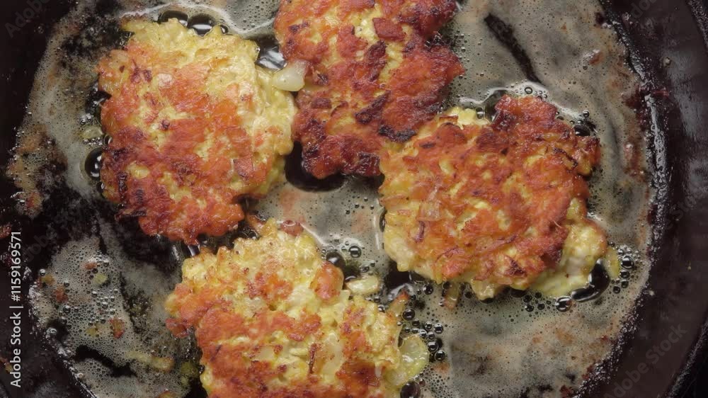 A crispy chicken cutlet with a crust is fried in a frying pan. Top view. High quality 4k footage A crispy chicken cutlet with a crust is fried in a frying pan. Top view. High quality 4k footage