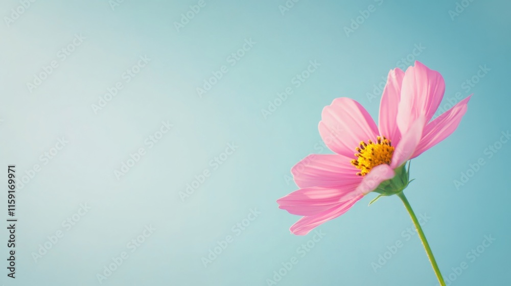 A vibrant pink cosmos flower against a soft blue background, close-up shot, Minimalist style A vibrant pink cosmos flower against a soft blue background, close-up shot, Minimalist style