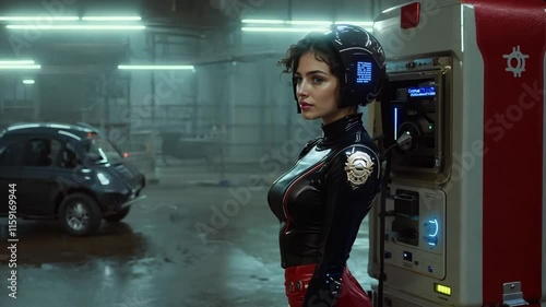 Cyberpunk night scene with uniformed figure near phone booth in rain-slicked street. Neon lighting and reflective surfaces. AI-generated 4K cinematic composition with anamorphic depth