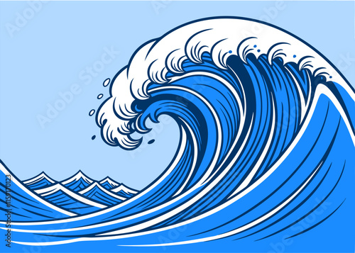 Ocean Wave: Blue Japanese Style Vector Graphic - High Resolution.