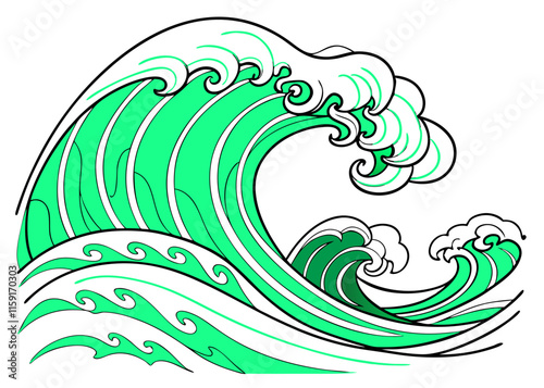 Stylized Green Ocean Wave: Vibrant Aqua Marine Design, Swirling Pattern.