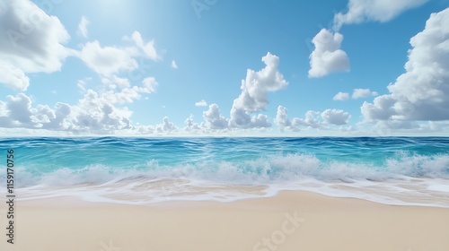 Summer Beach Ocean Wave Scene  Turquoise Water  Sandy Shore  Blue Sky