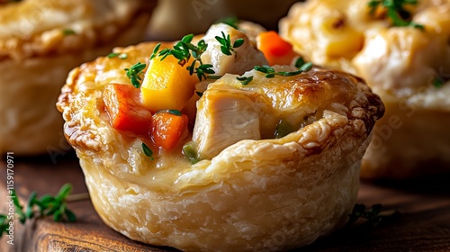 This image showcases perfectly baked pot pies filled with vegetables like carrots and peas, garnished with fresh herbs, promising a savory culinary delight.