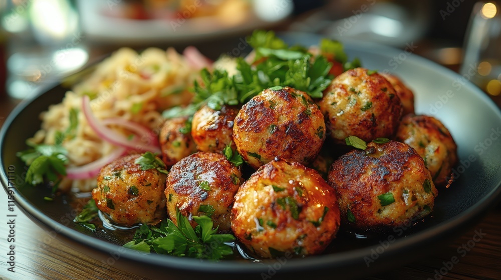 Rustic platter of falafel balls served with tahini sauce and fresh parsley. Rustic platter of falafel balls served with tahini sauce and fresh parsley.