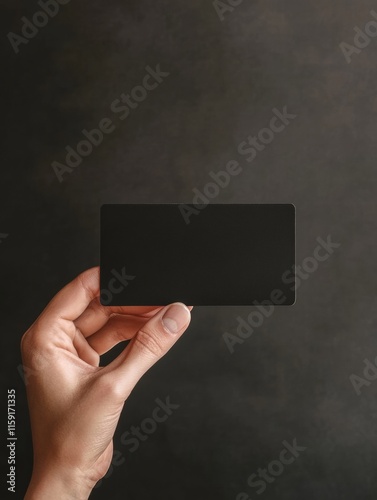 Sleek black gift card held by a hand on a simple dark background with sufficient space for personalized text or design. Generative AI photo