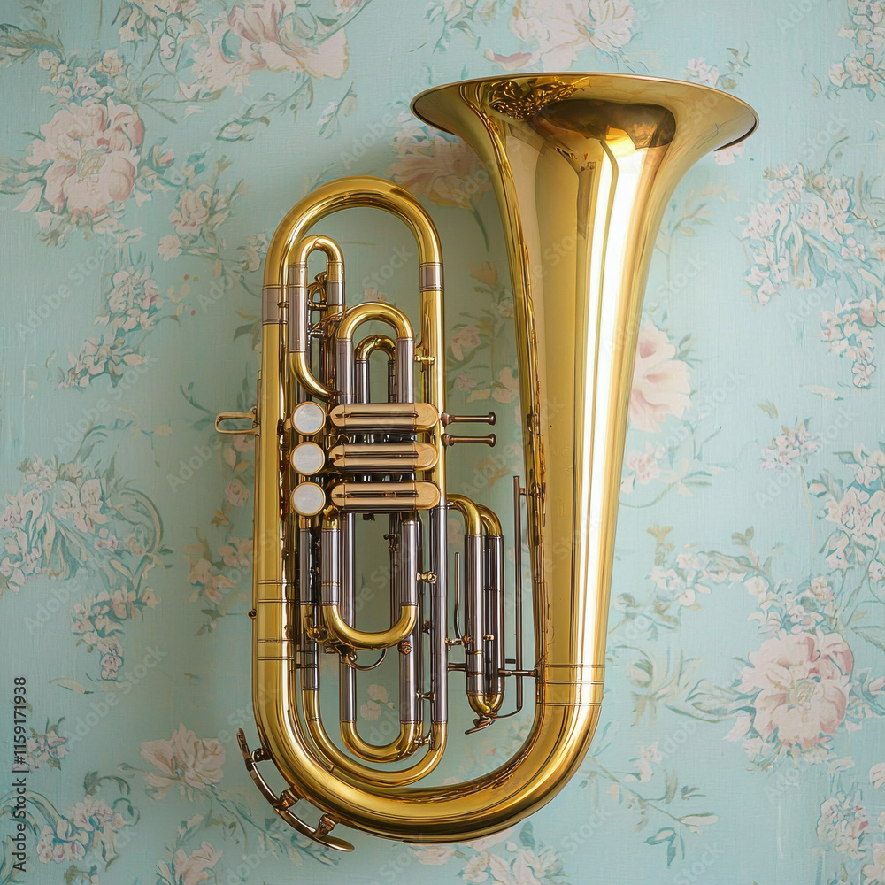 Fototapeta premium Golden euphonium against floral wallpaper, reflecting light beautifully