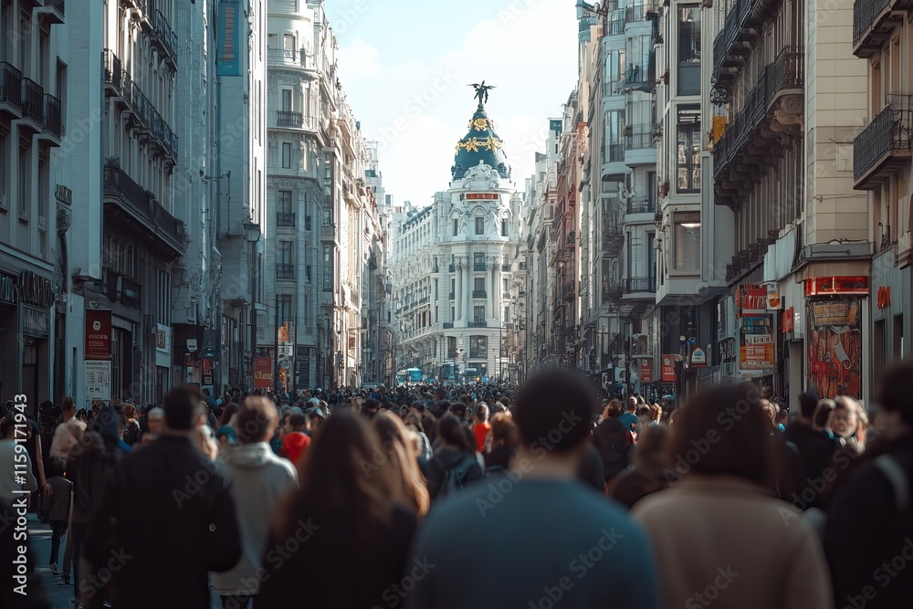 Crowd walking down a busy city street, telephoto lens, realistic daylight. Background AI generated image Crowd walking down a busy city street, telephoto lens, realistic daylight. Background AI generated image