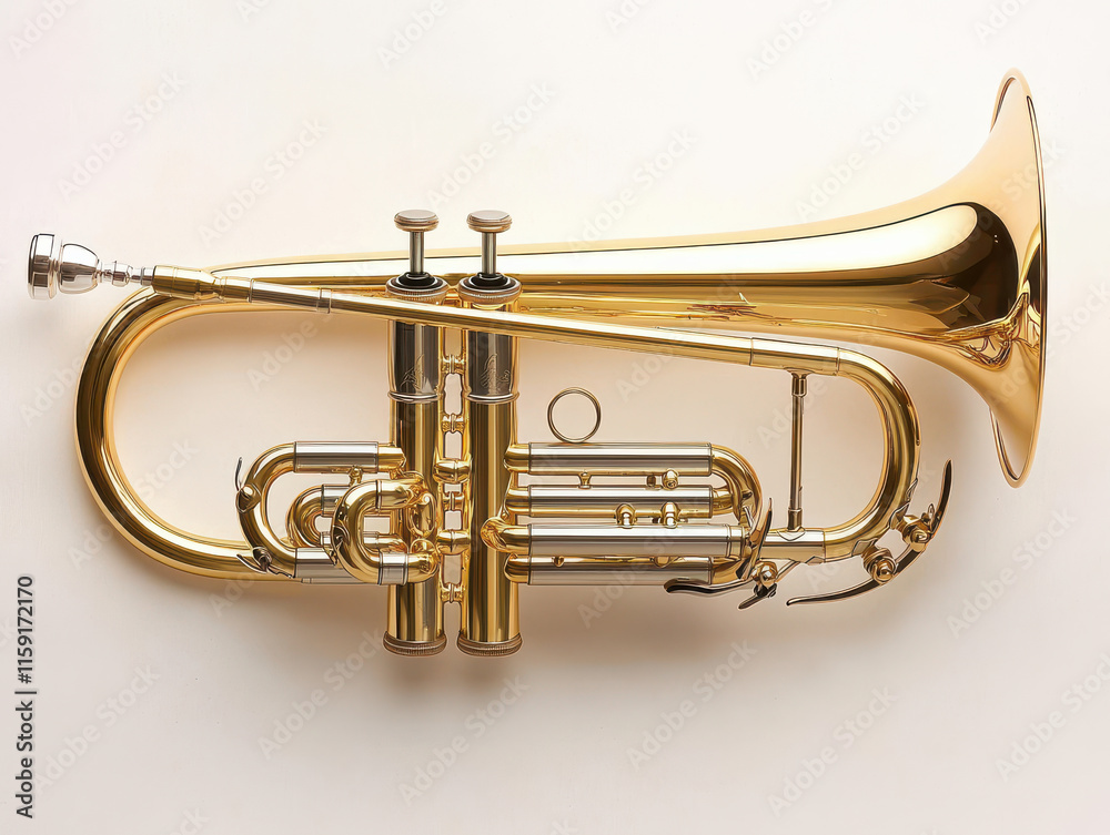 Fototapeta premium Golden flugelhorn with intricate design on white background