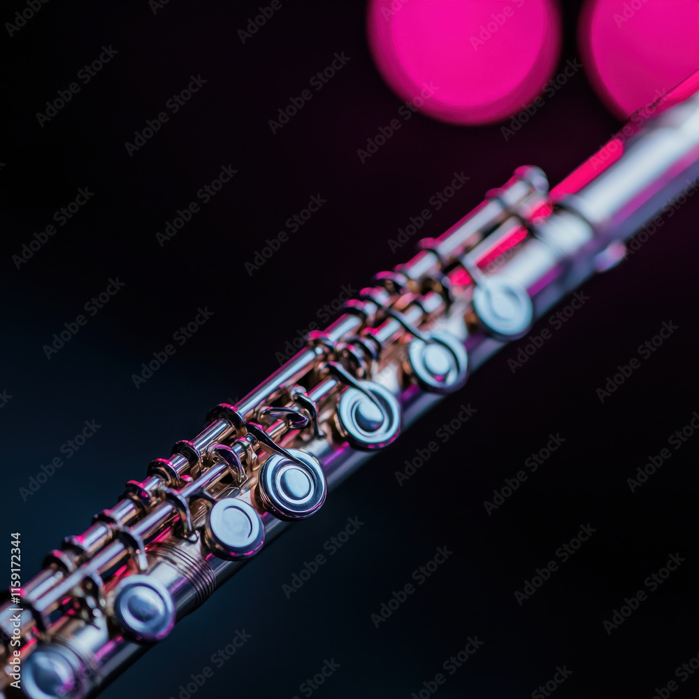 Fototapeta premium Flute glowing under vibrant stage lighting with intricate details