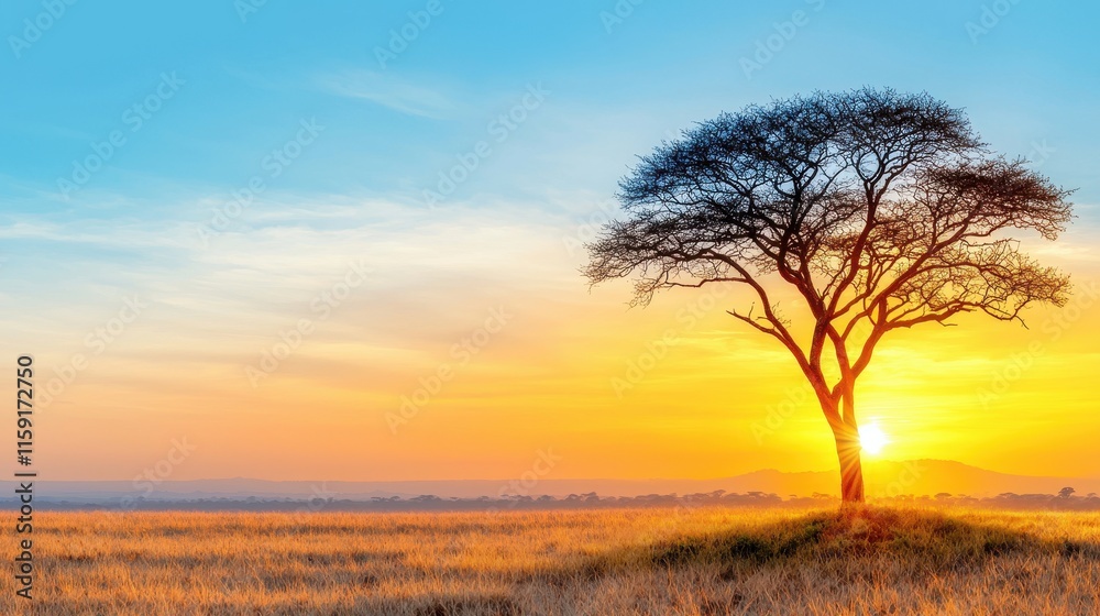 Majestic silhouette of a lone tree against a breathtaking sunset in a vast landscape Majestic silhouette of a lone tree against a breathtaking sunset in a vast landscape