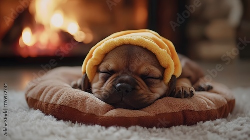 A playful dog in a hotdog costume snoozes peacefully on a cozy pet bed, radiating warmth and cuteness. photo