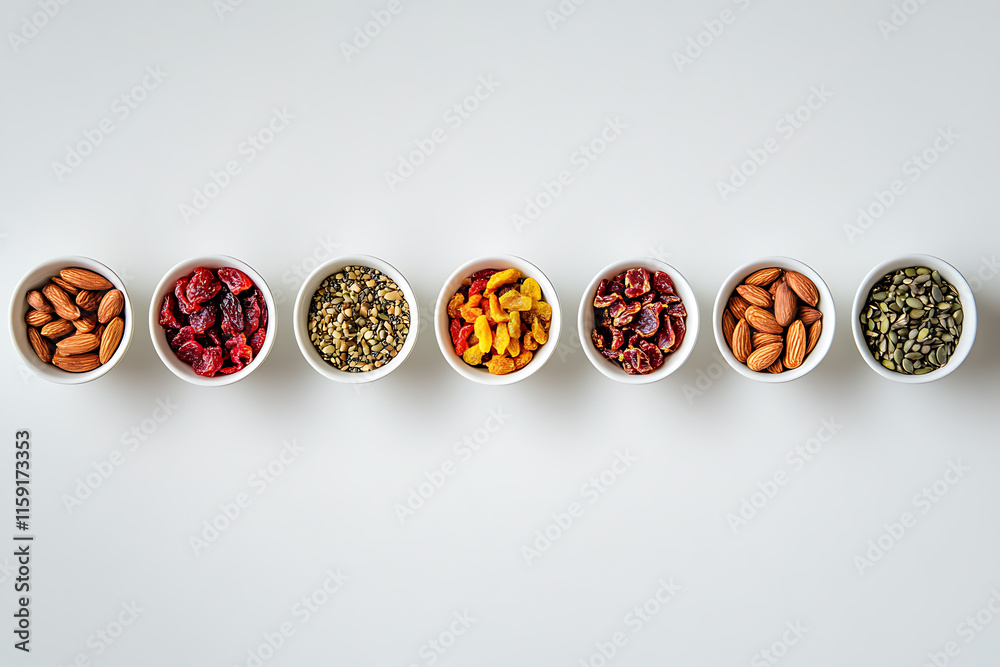 Flat-lay of vegan snacks like dried fruits, nuts, and seeds, with a minimalist aesthetic for healthy eating Flat-lay of vegan snacks like dried fruits, nuts, and seeds, with a minimalist aesthetic for healthy eating