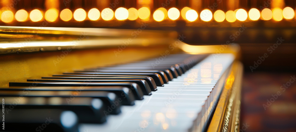 Golden harpsichord keys glow under vibrant lights