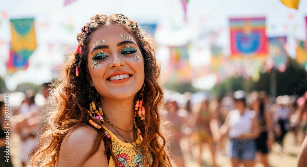 Vibrant festival celebration featuring young female with colorful makeup and accessories