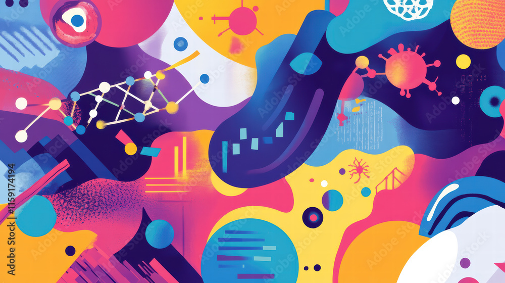 Vibrant abstract illustration featuring colorful shapes, DNA structures, and scientific motifs, creating dynamic and energetic visual experience Vibrant abstract illustration featuring colorful shapes, DNA structures, and scientific motifs, creating dynamic and energetic visual experience