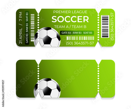 Soccer ticket design template. Card invitation, game team, event and date, location and place sector. vector illustration