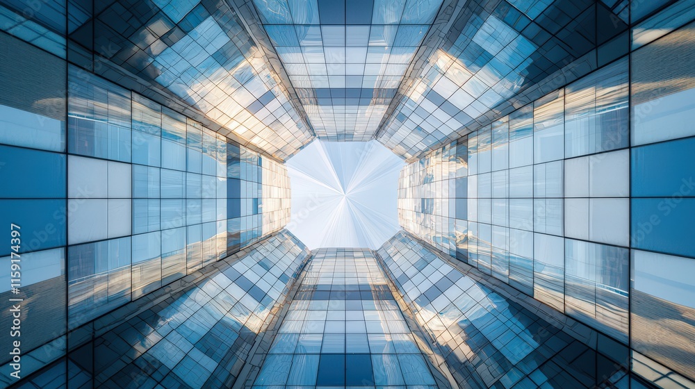 Naklejka premium Abstract view of a modern skyscraper with glass and steel reflecting the sky, showcasing geometric patterns, contemporary design, and urban innovation.
