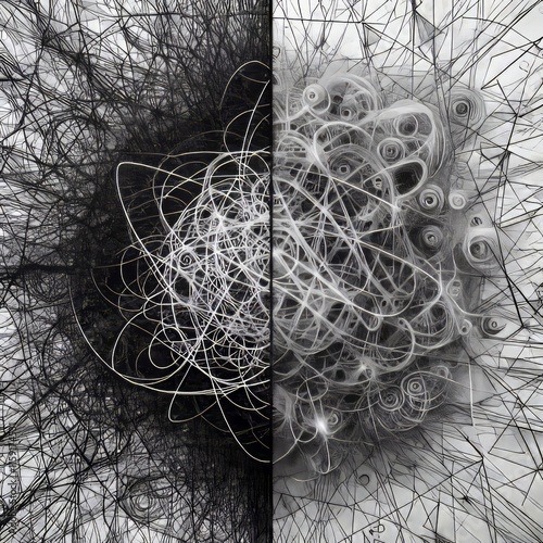 191 Chaos and Order A split image showing chaotic scribbles on o