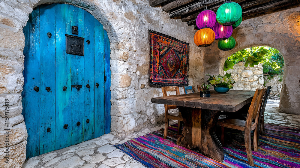 Cozy interior featuring a rustic wooden dining table, colorful lanterns, stone walls, and a vibrant rug, creating a warm, inviting atmosphere. Cozy interior featuring a rustic wooden dining table, colorful lanterns, stone walls, and a vibrant rug, creating a warm, inviting atmosphere.