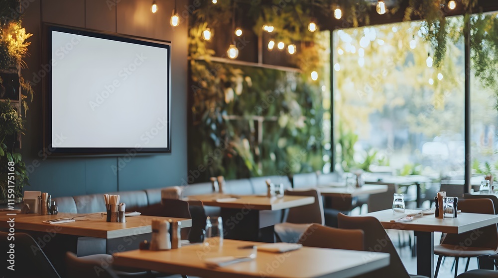 Modern Restaurant Interior With Blank Screen Display Modern Restaurant Interior With Blank Screen Display
