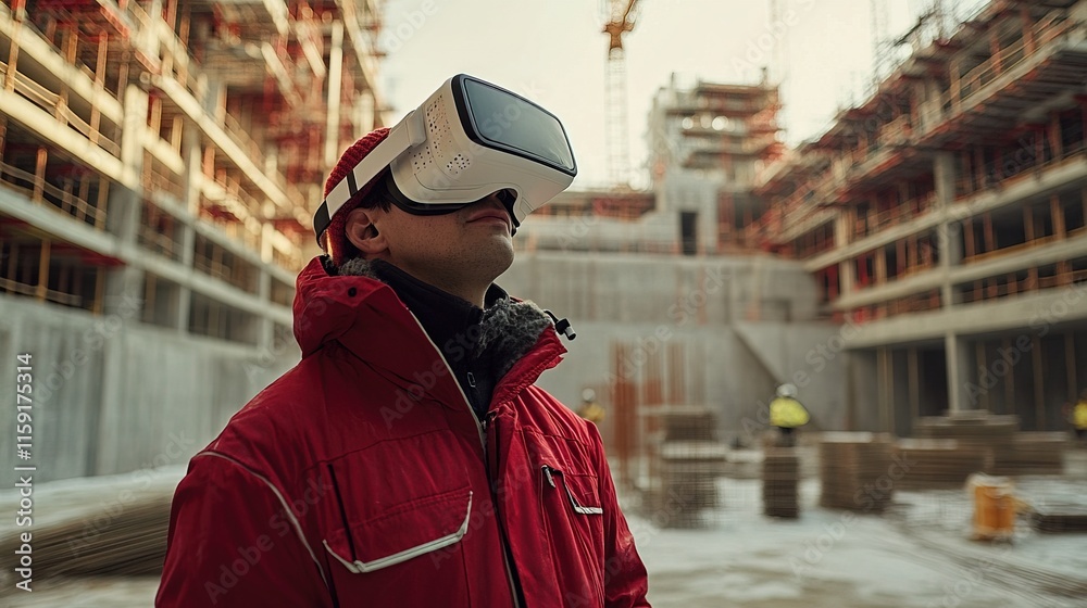 A Architect construction site wearing virtual reality goggles in a site A Architect construction site wearing virtual reality goggles in a site