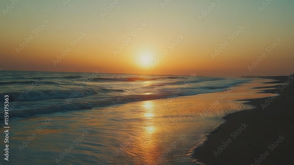 Golden sunset over serene beach with gentle waves and vibrant sky hues of orange and pink Golden sunset over serene beach with gentle waves and vibrant sky hues of orange and pink