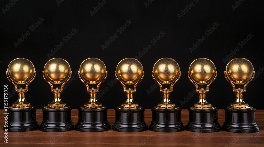 Grammy award concept, A row of seven golden trophies on black bases, showcasing a shiny globe design, symbolizing achievement and excellence. Grammy award concept, A row of seven golden trophies on black bases, showcasing a shiny globe design, symbolizing achievement and excellence.