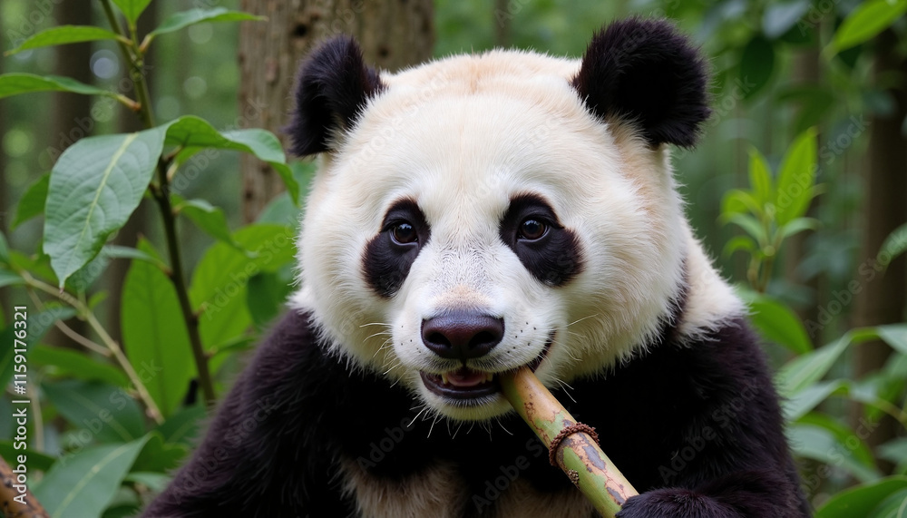 Giant panda eating bamboo with a relaxed expression in a lush green background, copy space Giant panda eating bamboo with a relaxed expression in a lush green background, copy space