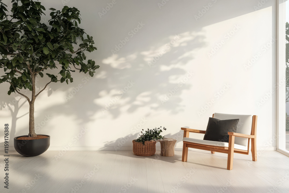 Modern minimalist interior with a wooden chair and indoor plants during daylight Modern minimalist interior with a wooden chair and indoor plants during daylight