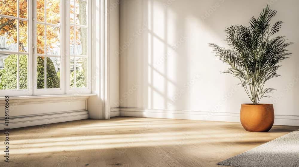 Fototapeta premium Natural light illuminates a cozy corner with plants and wooden flooring