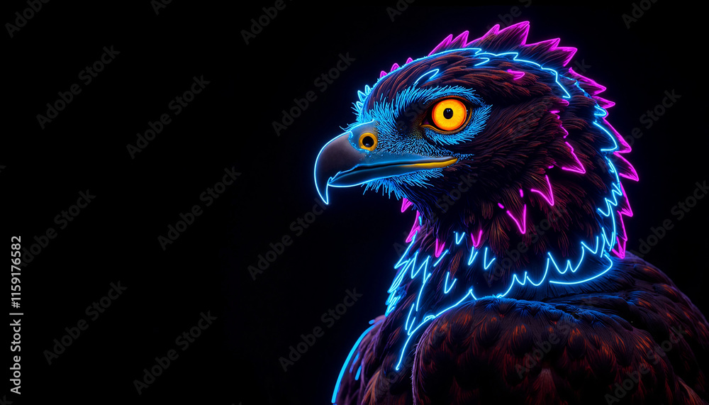 Neon stylized eagle portrait with glowing feathers on a dark background, copy space, creative design Neon stylized eagle portrait with glowing feathers on a dark background, copy space, creative design