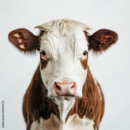 Close-up portrait of a brown and white cow with a gentle expression, showcasing detailed fur texture and symmetry. Perfect for farm and agriculture themes. photo