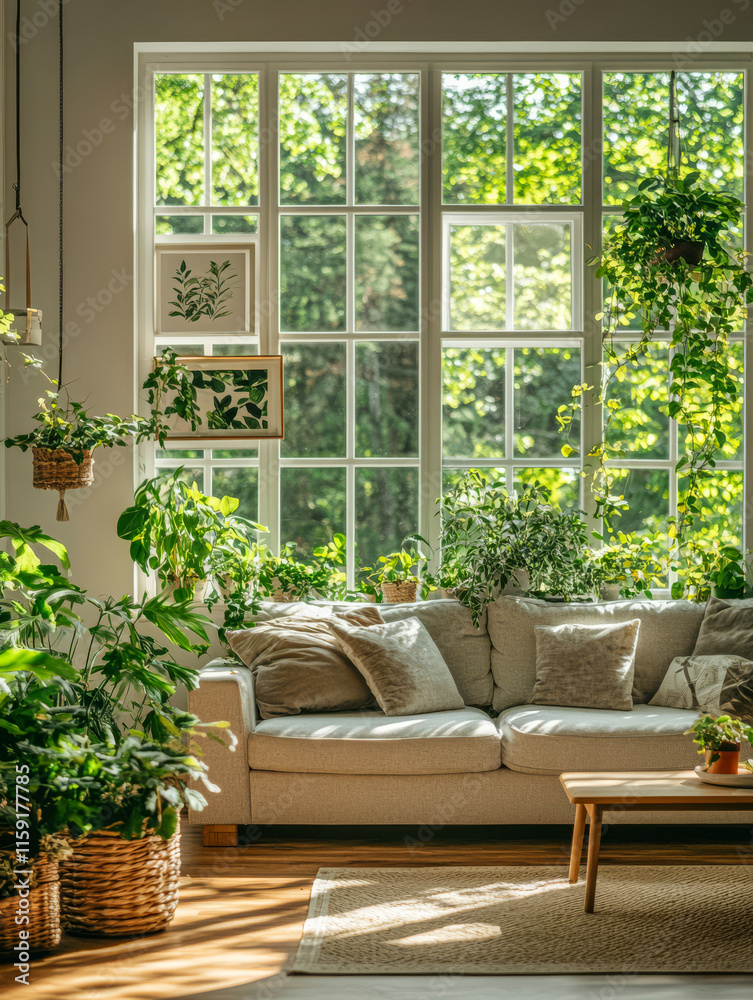 Obraz premium Bright and airy living room filled with plants and natural light in a cozy home setting