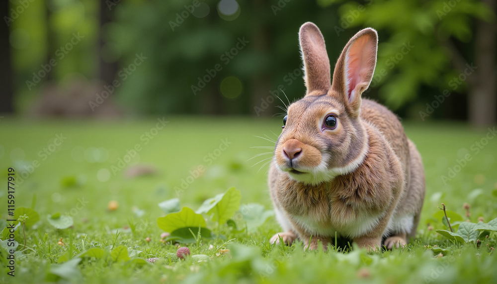 Naklejka premium Cute Rabbit Sitting on Green Grass in Nature with Copy Space for Trendy Designs