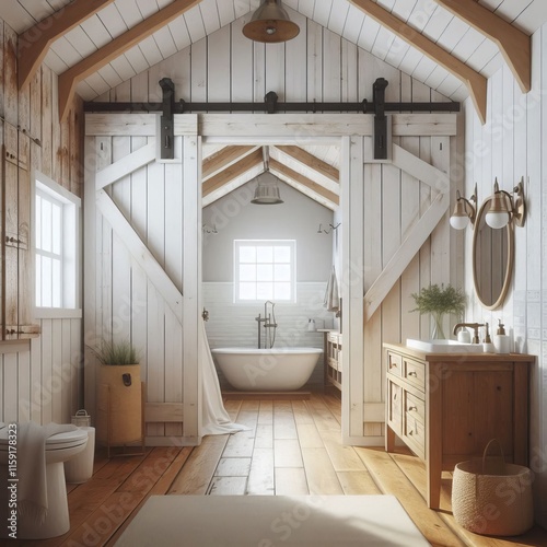 196 Barn Door White walls barn door leading to the bathroom wood
