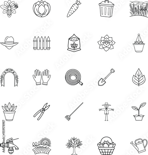Gardening Icons Tools, Plants, Flowers, and Farm Equipment