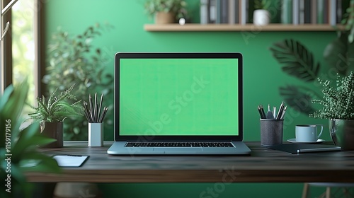 Modern Workspace with Greenery and Laptop for a Fresh and Productive Environment Eco-Friendly Modern Office Designs Green Interior Workspace Setups Digital Productivity with Nature Decor