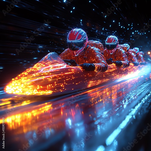 A dynamic scene of a bobsled team racing down a track, leaving a trail of glowing light in a high-speed, energetic atmosphere.