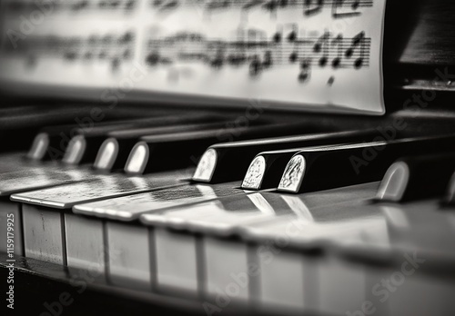 A close-up of an old, black and white music sheet on the piano keys, with notes in sharp focus. The background is blurred to emphasize the texture of the paper and musical symbols.
